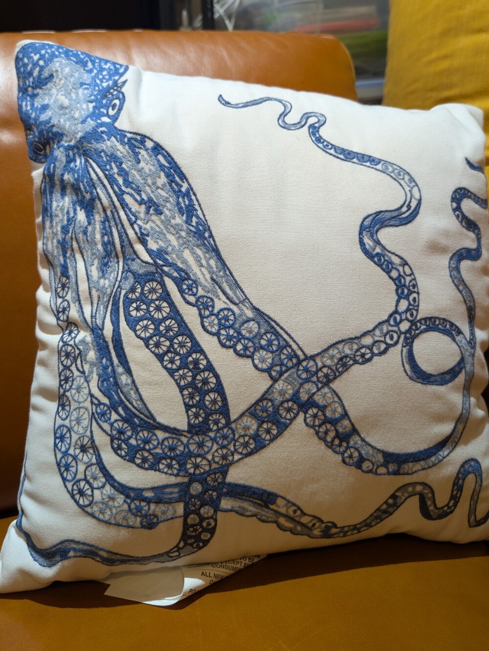 🌊⚓ NWT Pier 1 Embroidered Giant Octopus Pillow In Navy, Lt/Dk Blue & White